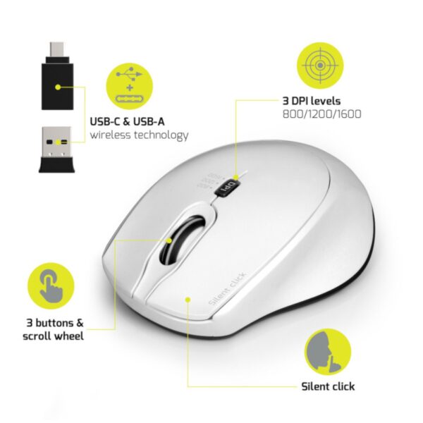 Port Connect Silent 1600DPI 3 Button Wireless Mouse White - Image 3