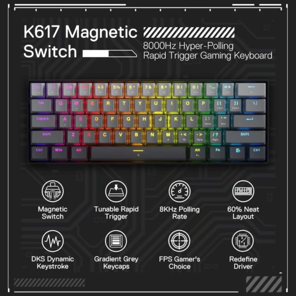 Redragon K617 FIZZ Rapid Trigger 60% Magnet Hall Switch Wired RGB Gaming Keyboard - Image 4