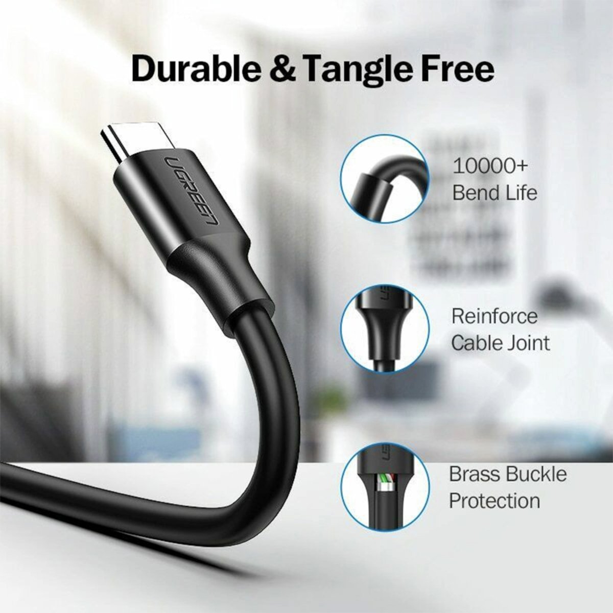 UGreen Type-C to USB-A 3.0 Cable 1.5m – Fast Charging 3A, 5Gbps Sync – Black - Image 3